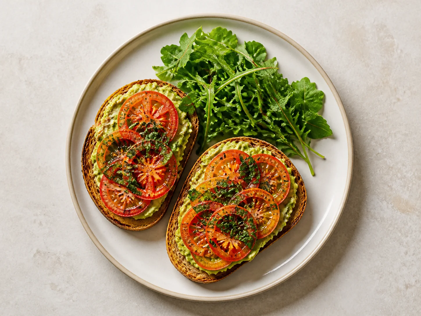 Avocado toast with tomato and herbs