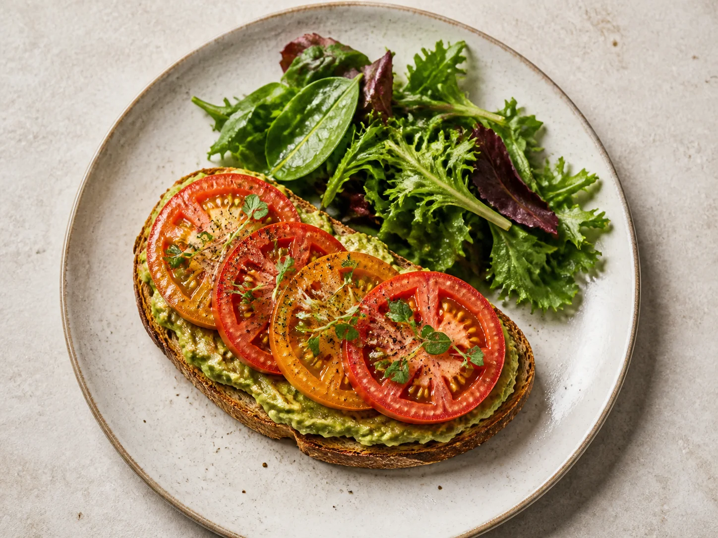 Heirloom tomato avocado toast with mixed greens