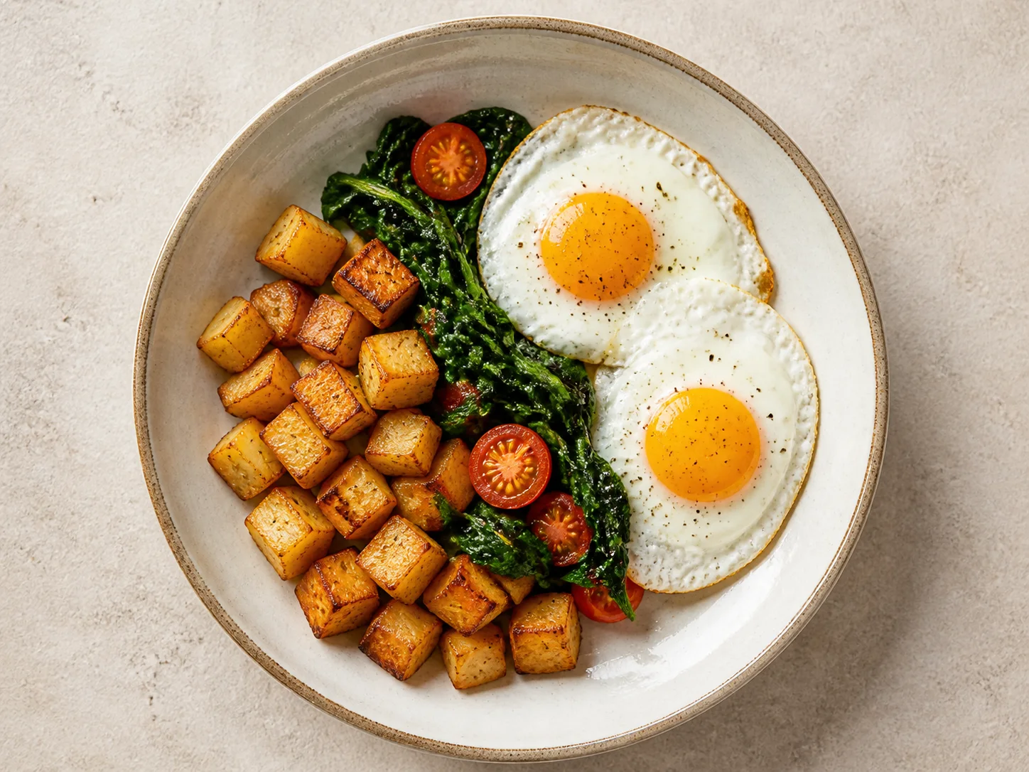 Breakfast bowl with roasted potato, eggs, and greens