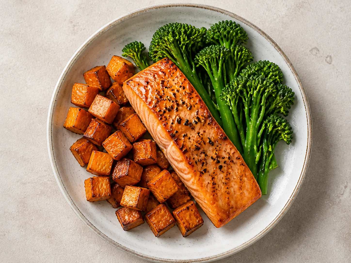 Salmon, roasted sweet potato, and broccoli